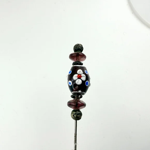 Victorian Lampwork Hat Pin Floral Glass Bead 7 Inch Antique Stick Pin - Picture 7 of 8